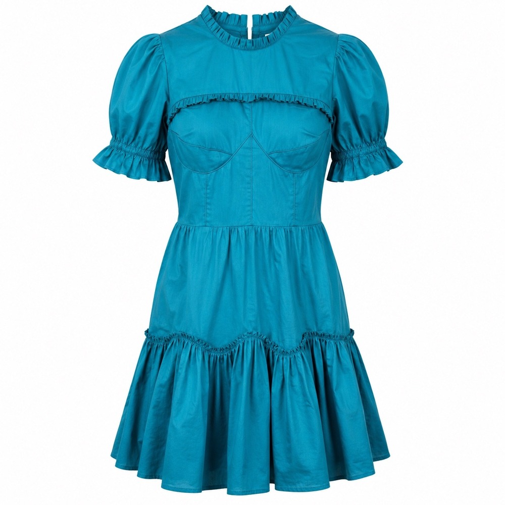 Ivy City Co Teal Mini Dress S Cotton Cottagecore Ruffle Tiered Puff Sleeve Party